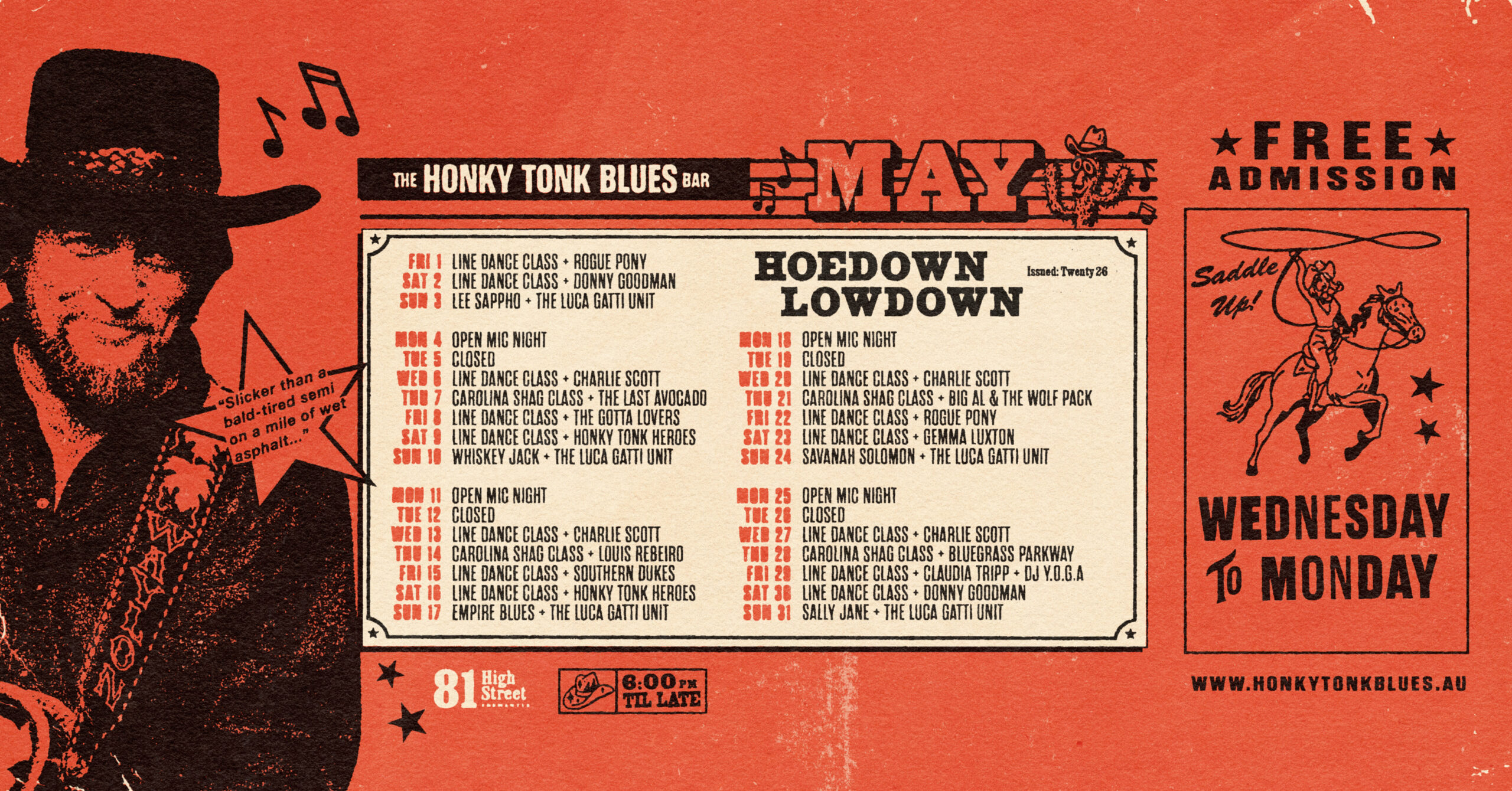 Poster advertising The Honky Tonk Blues Bar with a weekly gig schedule under 'Hoedown Lowdown' and 'Free Admission' text.