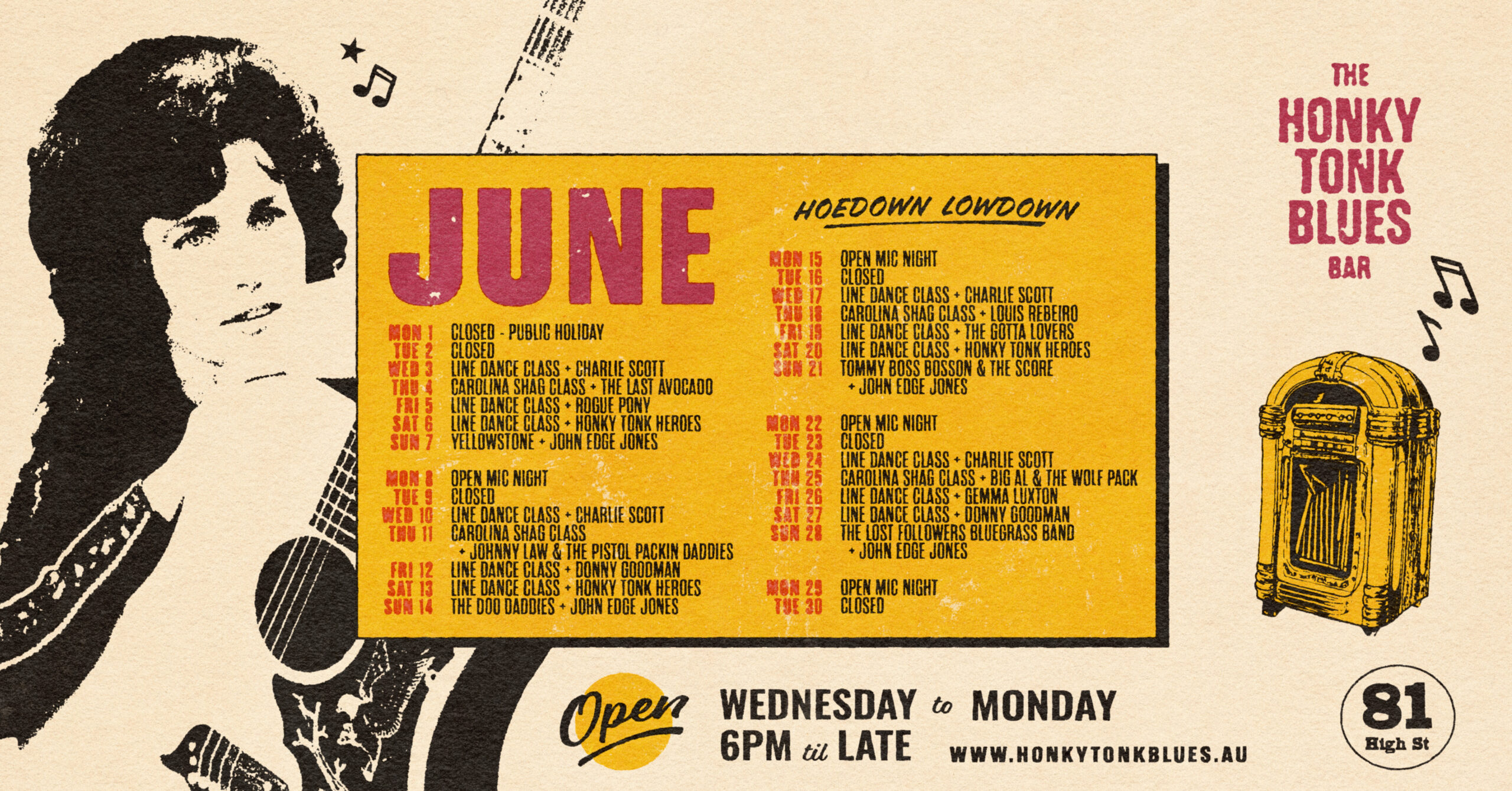 Retro June event calendar for The Honky Tonk Blues Bar, with a guitarist illustration on the left and a jukebox on the right.