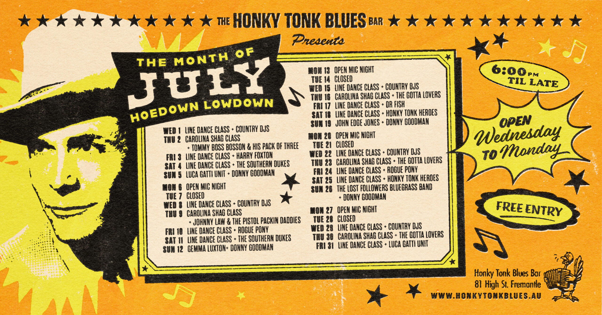 Poster for The Honky Tonk Blues Bar July lineup with schedule in a bordered panel, orange background and a manโs silhouette on the left.
