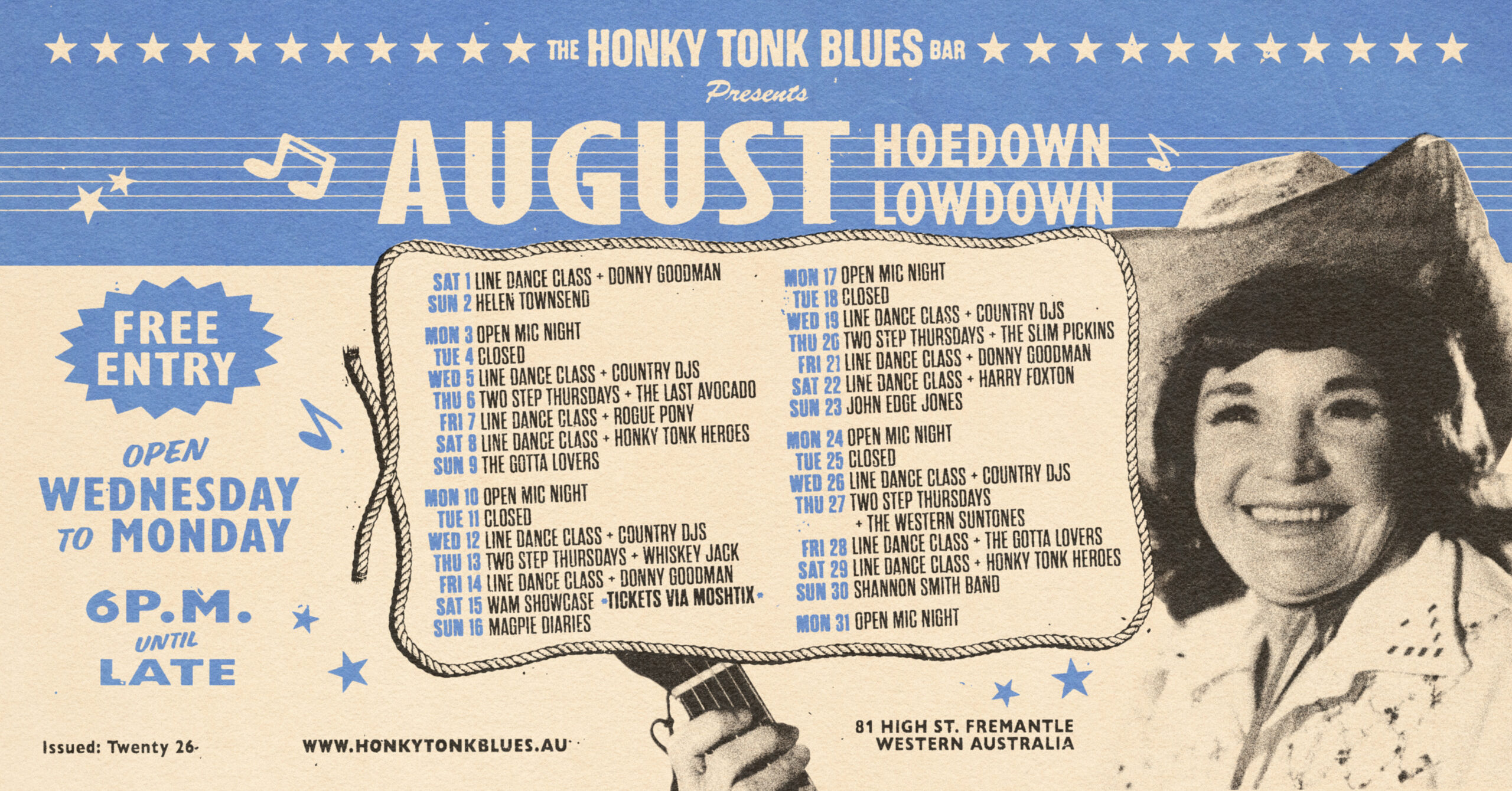 Vintage poster for The Honky Tonk Blues Bar August Hoedown, with a long schedule of events and a smiling woman on the right.