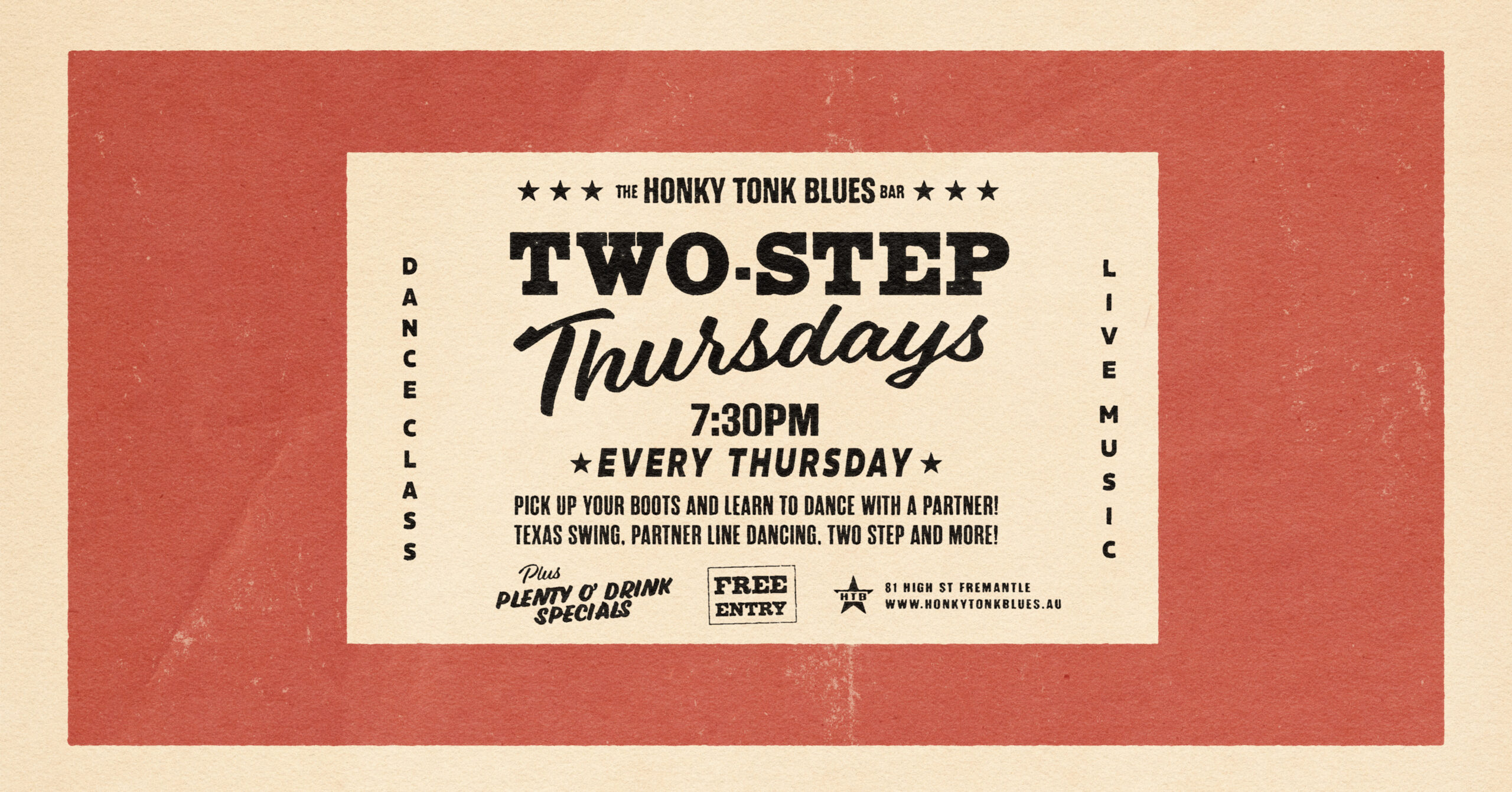 Vintage-style flyer advertising Two-Step Thursdays at The Honky Tonk Blues Bar, starting at 7:30 PM every Thursday.